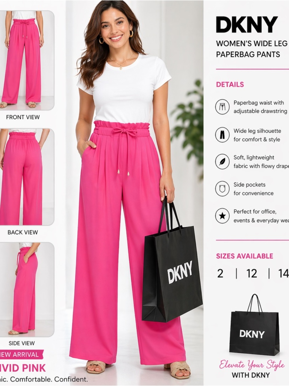 DKNY Vivid Pink Wide-Leg Paperbag Pants